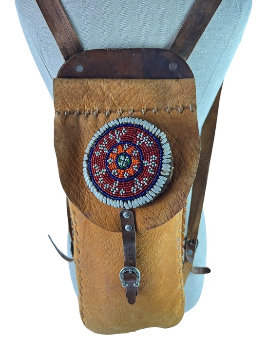 Vintage Brown Handmade Leather Chanupa Beaded Medallion Boho Backpack main image 12